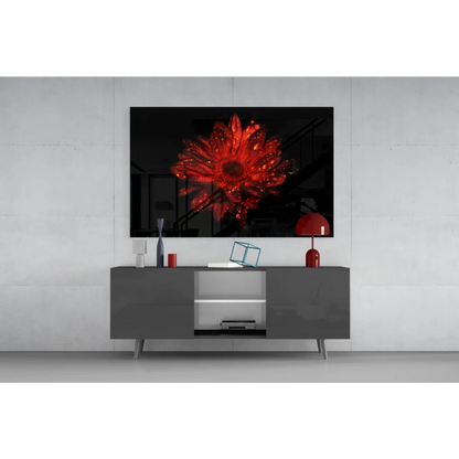 Vibrant red glossy Gerbera Daisy glass wall art with dewdrops on black background