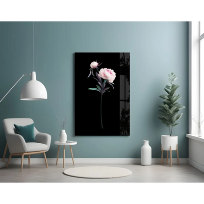 Stunning pink peony glass wall art on black canvas print