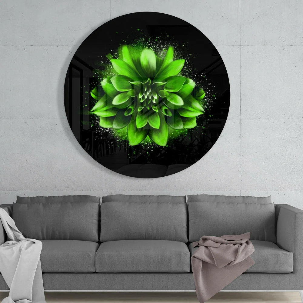 Vibrant green dahlia tempered glass art on black circle for wall decor