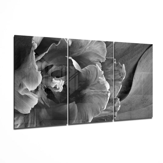 Black-and-white glass wall art triptych of layered flower petals