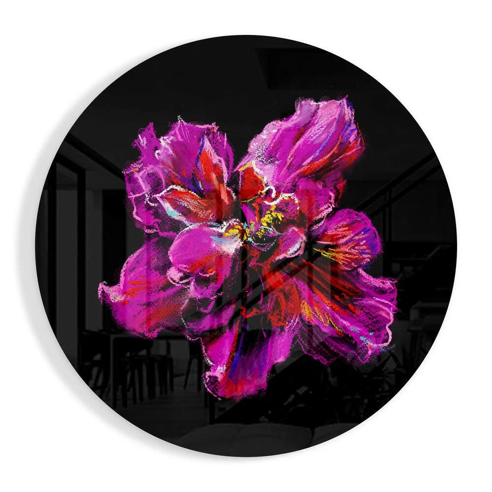 Stunning purple flower tempered glass art on black wall clock