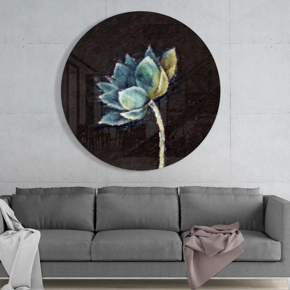 Stunning blue succulent tempered glass art on dark textured wall