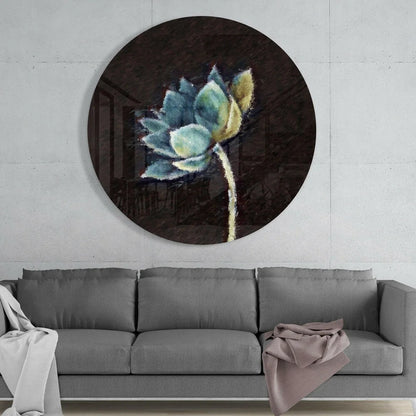 Stunning blue succulent tempered glass art on dark textured wall
