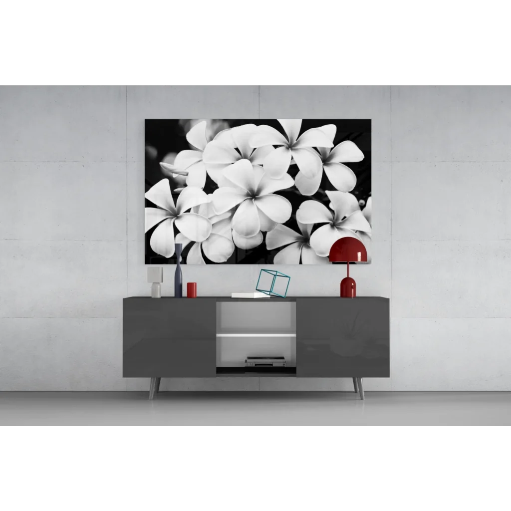 Stunning black and white plumeria wall art canvas print on gray console