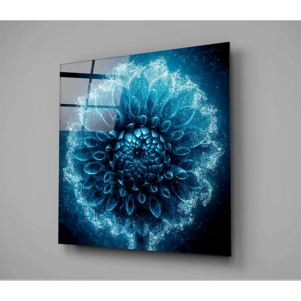 Glowing blue fractal glass wall art with radiant particles