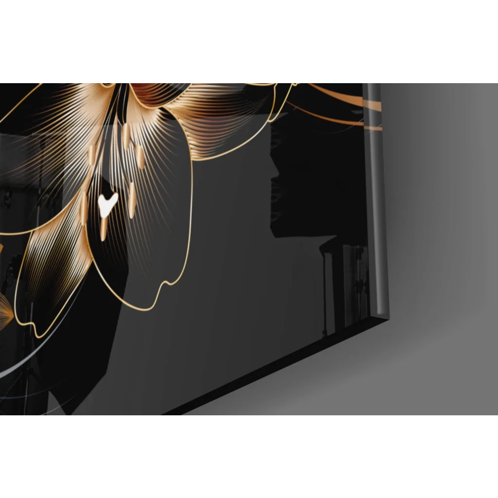 Stunning gold lily glass wall art on glossy black canvas