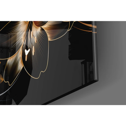 Stunning gold lily glass wall art on glossy black canvas
