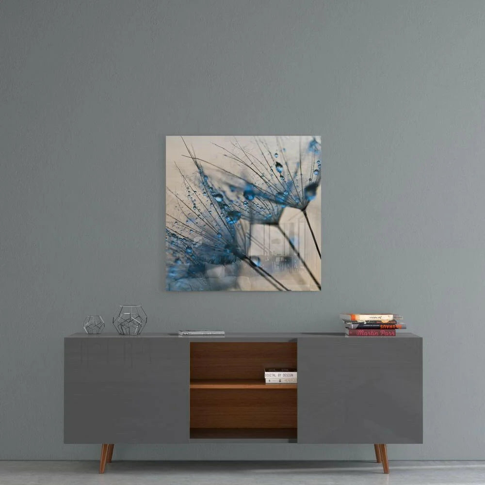 Stunning Blue Dandelion Glass Wall Art with Dewdrops | Contemporary Home Wall Art | vintageantiquesgifts.com