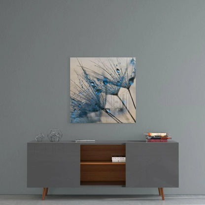 Stunning Blue Dandelion Glass Wall Art with Dewdrops | Contemporary Home Wall Art | vintageantiquesgifts.com