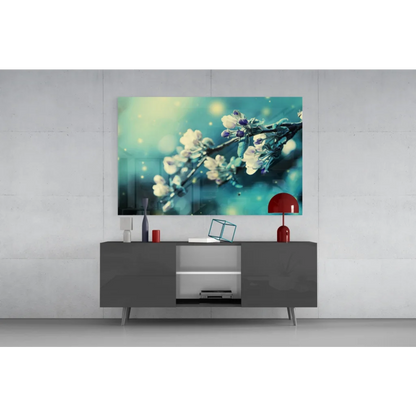 Modern teal floral canvas wall art with blossoming branches and bokeh lights