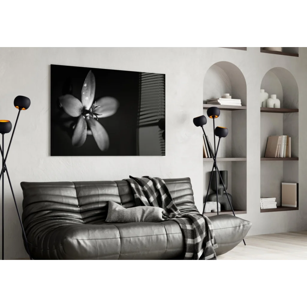 Black and white dewy flower canvas wall art print on wall