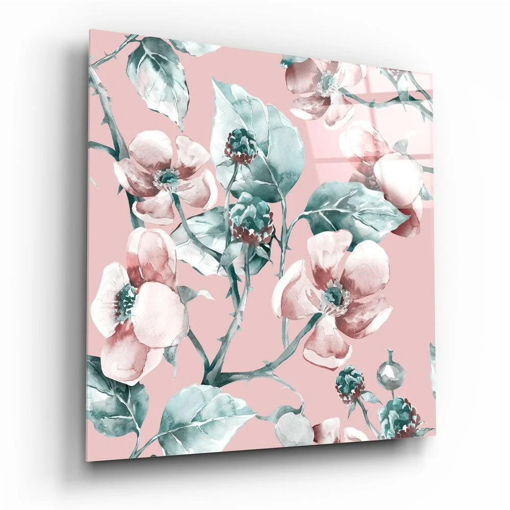 Blush Pink Floral Watercolor Glass Wall Art panel