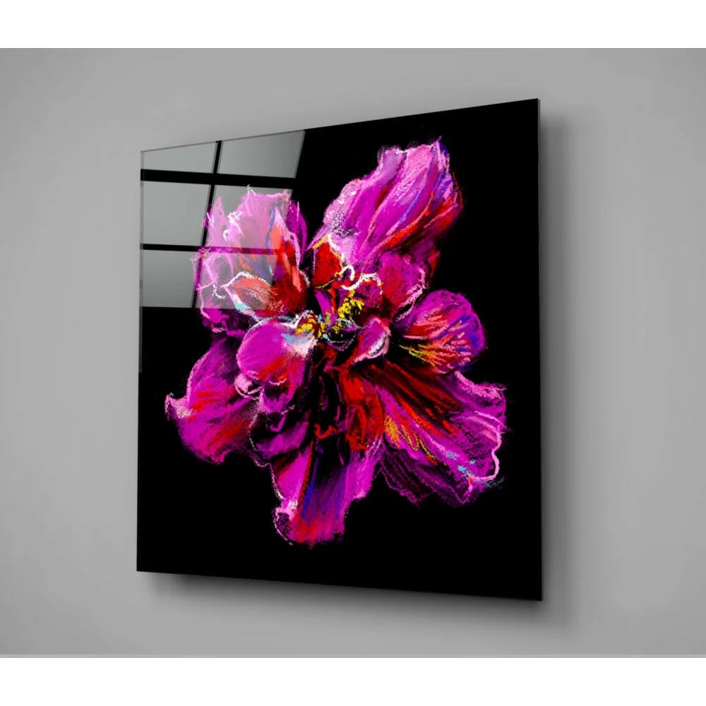 Vibrant magenta fuchsia abstract flower glass wall art on black panel