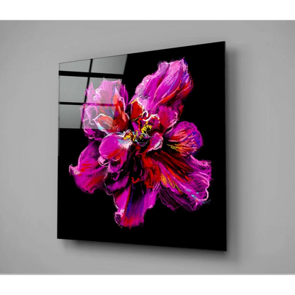 Vibrant magenta fuchsia abstract flower glass wall art on black panel
