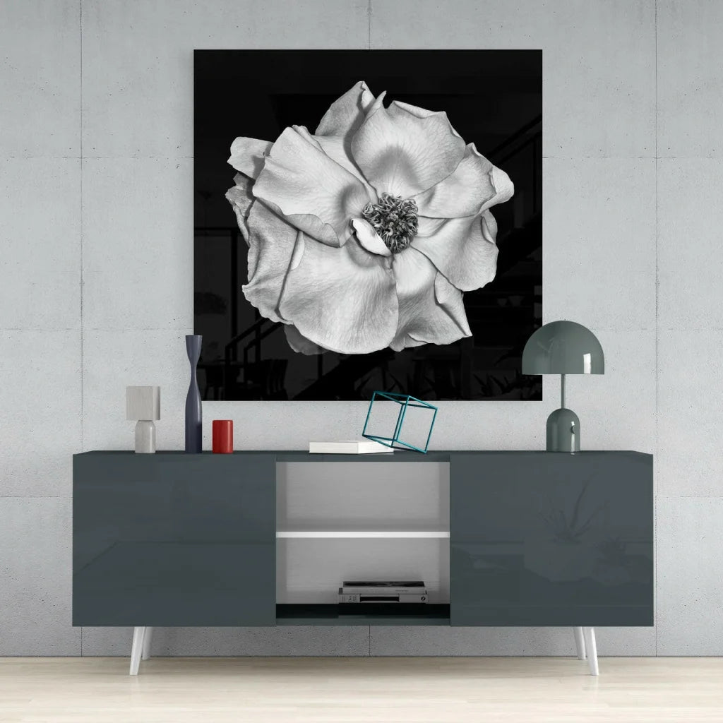 Stunning black rose glass wall art with mirror finish on wall