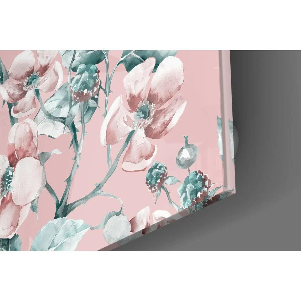 Blush Pink Floral Watercolor Glass Wall Art with pink blossoms