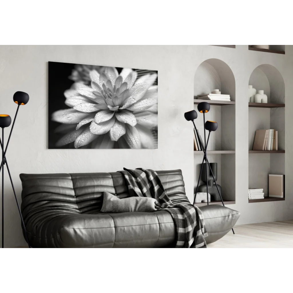 Dewy Dahlia Black and White Canvas Wall Art with Water Drops | Contemporary Home Wall Art | vintageantiquesgifts.com