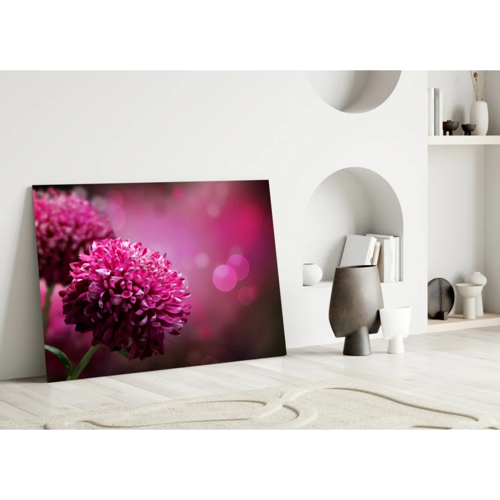 Vibrant magenta chrysanthemum glass wall art with bokeh glow