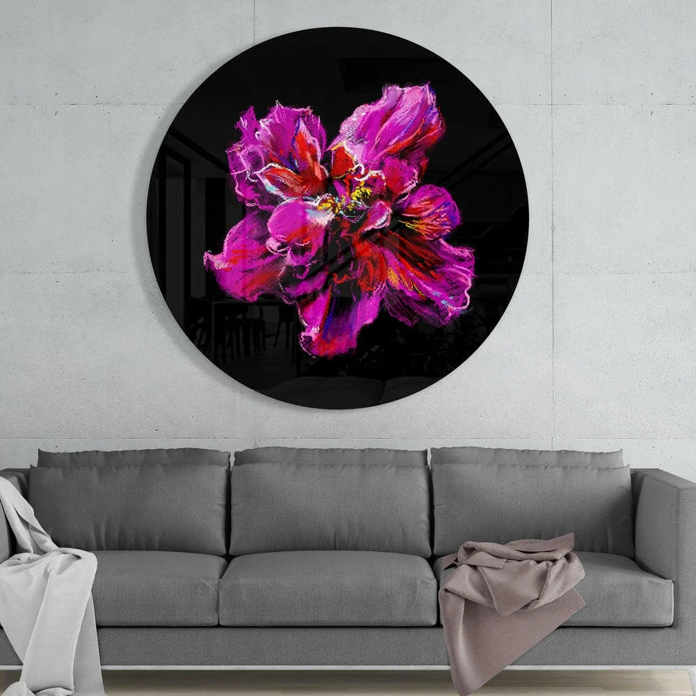Stunning purple flower tempered glass art on black circular background