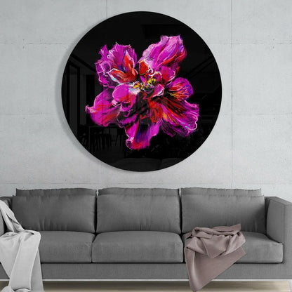 Stunning purple flower tempered glass art on black circular background