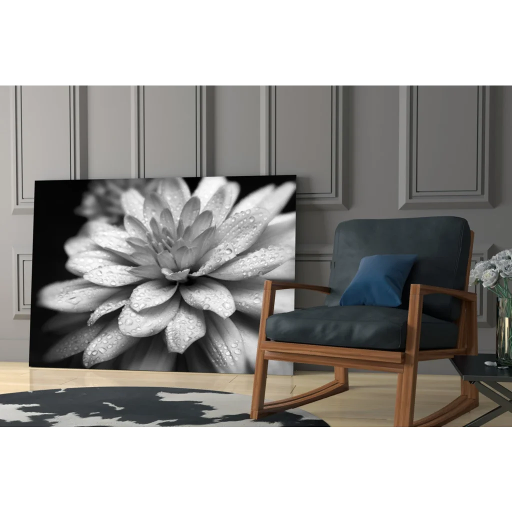 Black and white dewy dahlia canvas wall art with water drops in modern living room