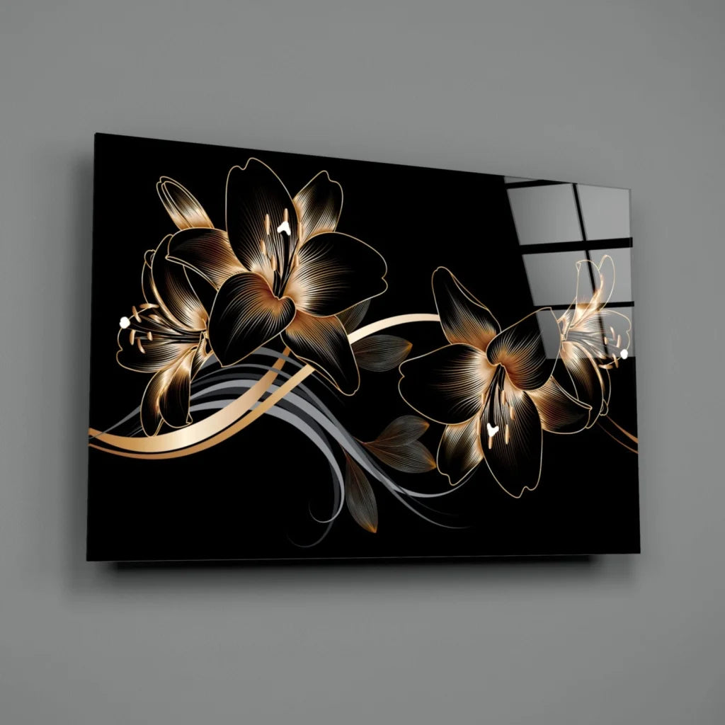 Stunning black and gold lily glass wall art with glossy finish