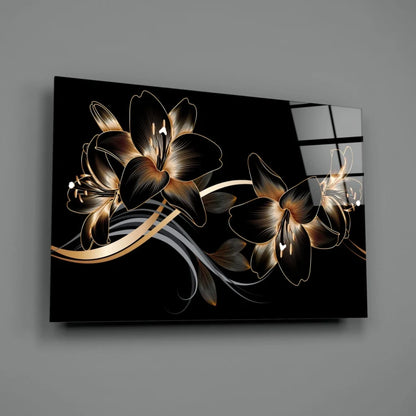 Stunning black and gold lily glass wall art with glossy finish