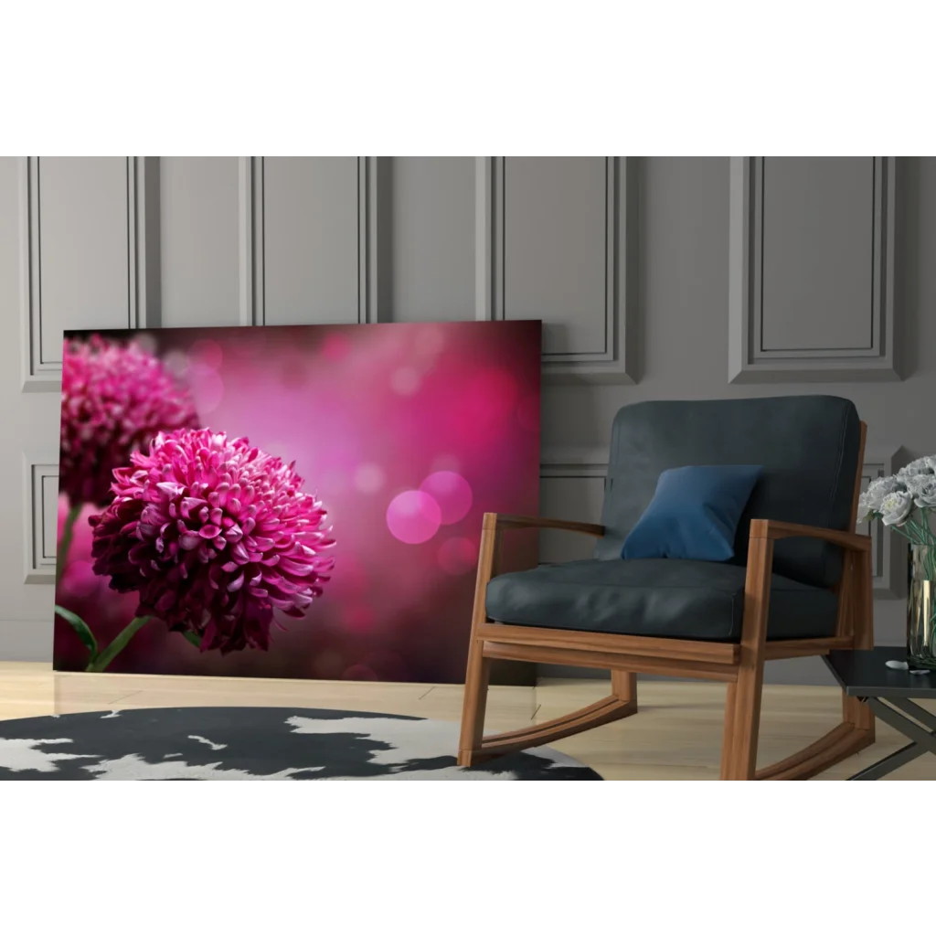Vibrant pink chrysanthemum glass wall art with bokeh glow