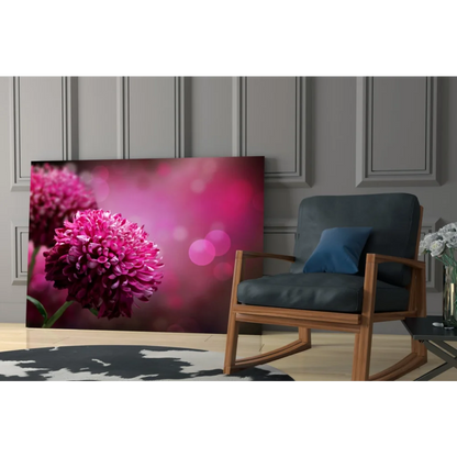 Vibrant pink chrysanthemum glass wall art with bokeh glow