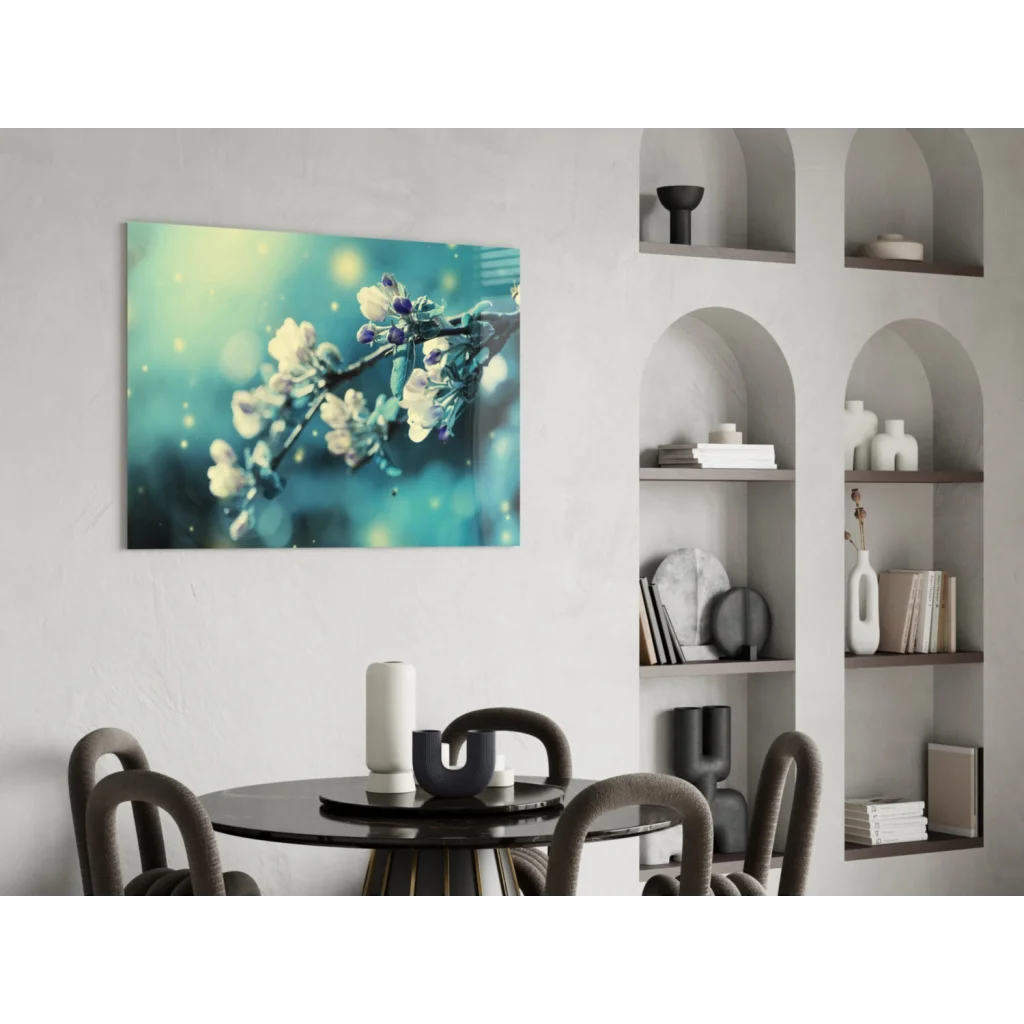 Dreamy blossom wall art canvas with purple blooms and teal bokeh lights