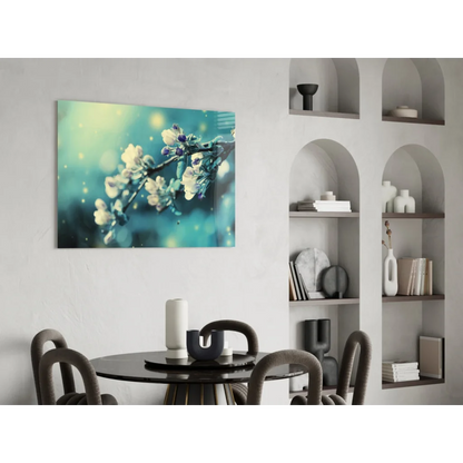 Dreamy blossom wall art canvas with purple blooms and teal bokeh lights