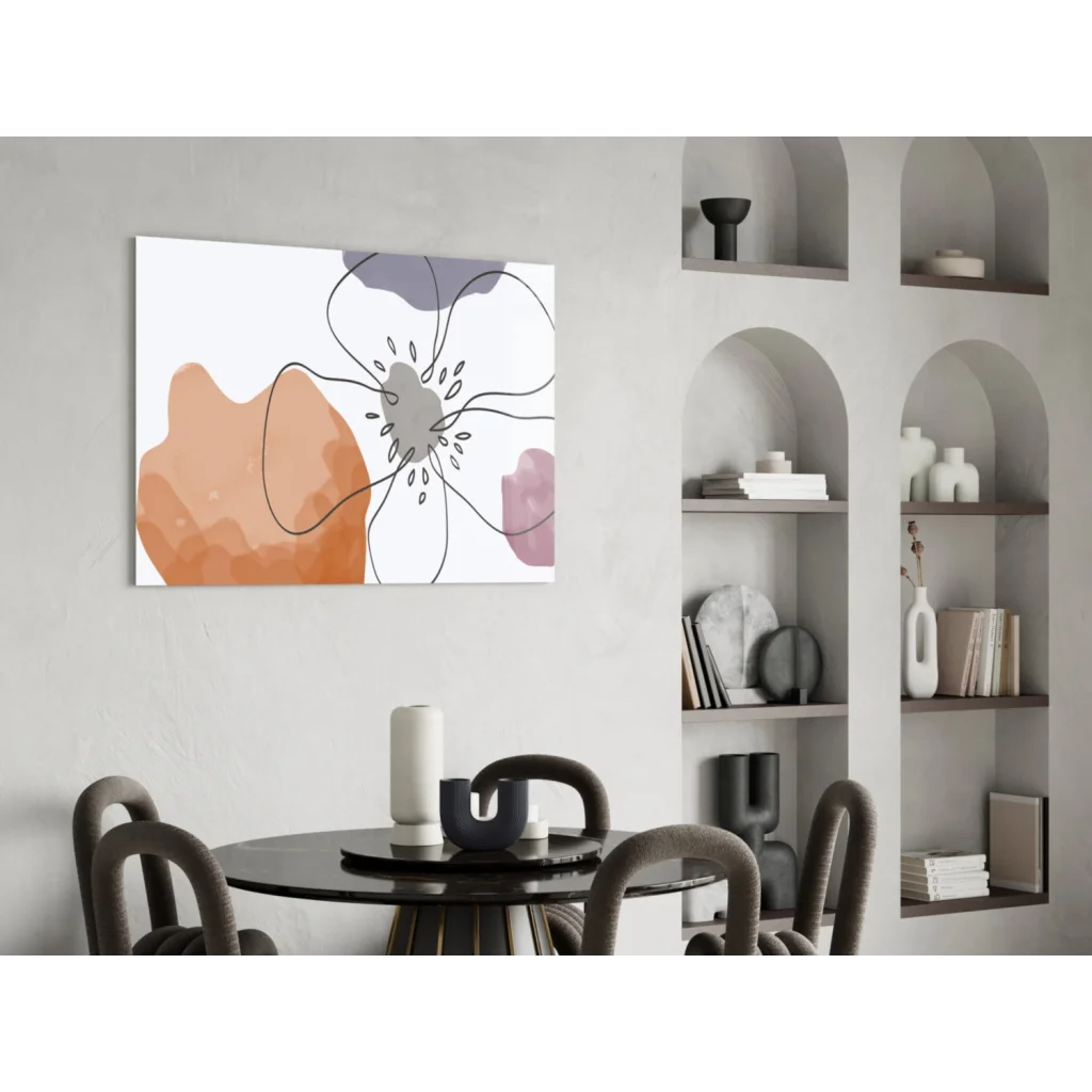 Bold abstract floral canvas wall art in orange, purple, gray tones