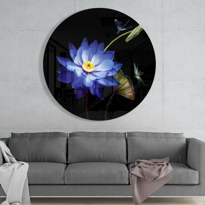 Stunning Blue Lotus Tempered Glass Art with Dragonflies | Glass Wall Art Print | vintageantiquesgifts.com