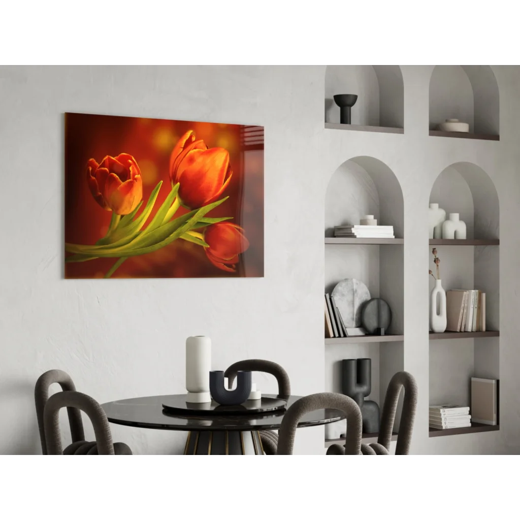 Vibrant orange tulips wall art on glowing canvas print