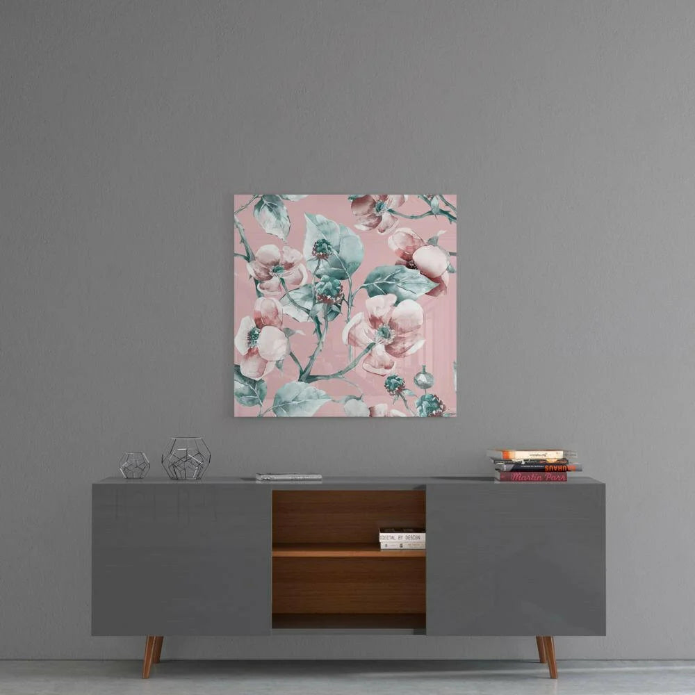 Blush Pink Floral Watercolor Glass Wall Art with pink blossoms