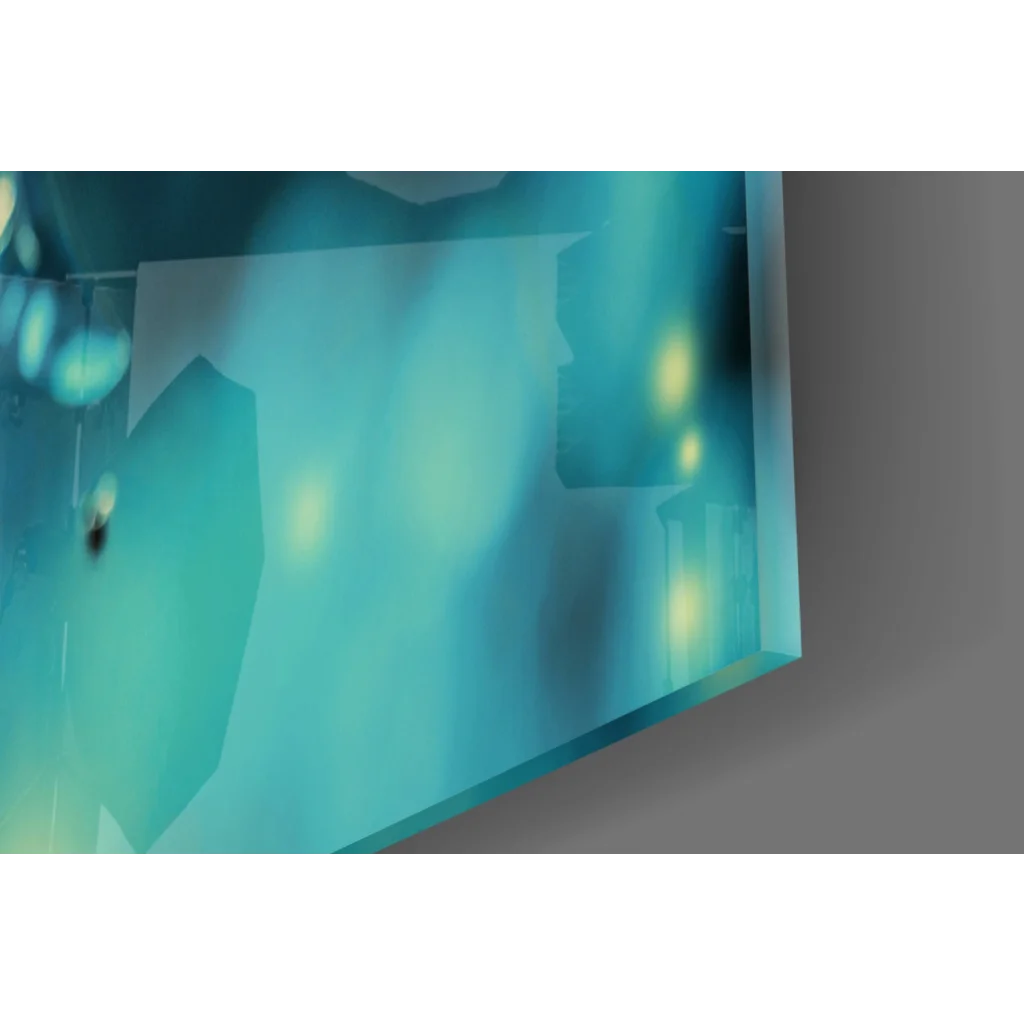 Dreamy Blossom glass wall art with teal panel and glowing lights