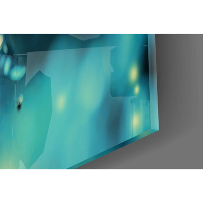 Dreamy Blossom glass wall art with teal panel and glowing lights