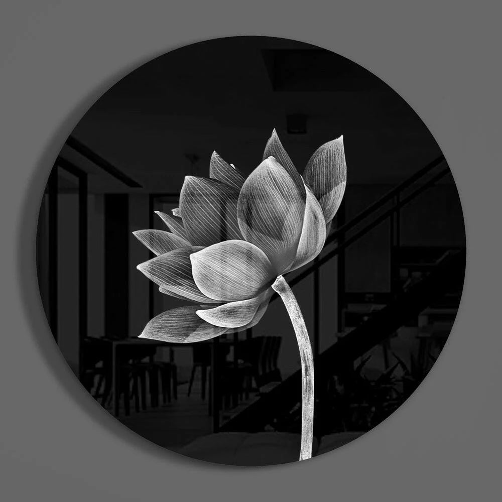 Black and white lotus flower tempered glass art circle wall decor