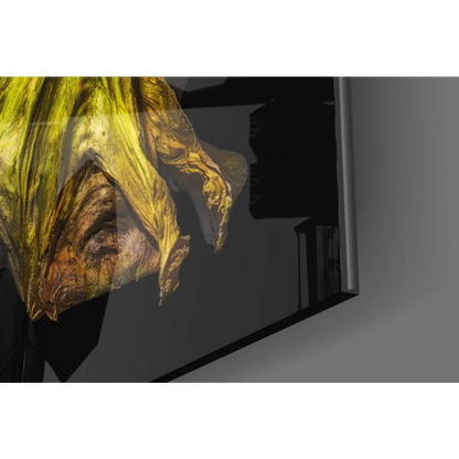 Stunning wilted yellow poppy glass wall art on sleek black TV frame