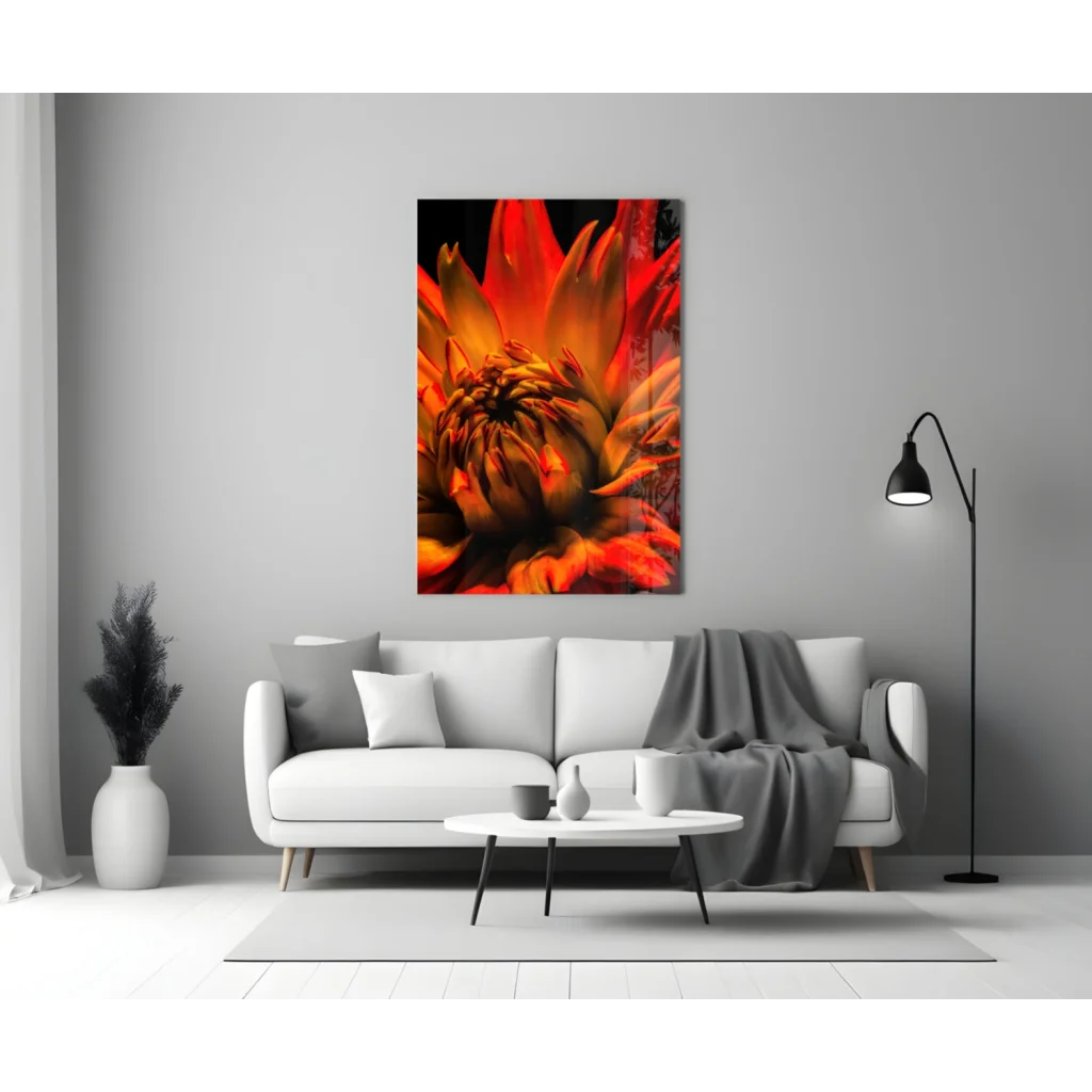 Vibrant orange dahlia glass wall art print on gray wall