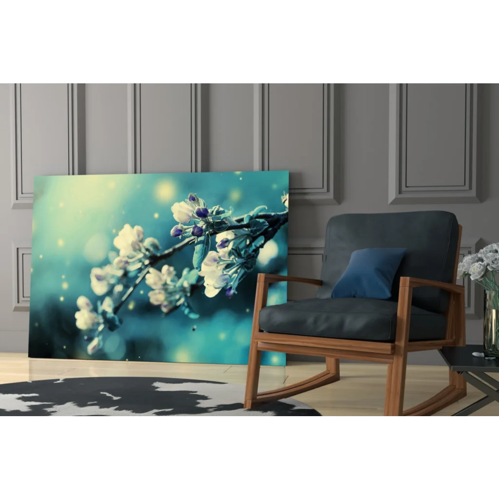 Dreamy blossom canvas wall art with white purple flowers on teal bokeh background
