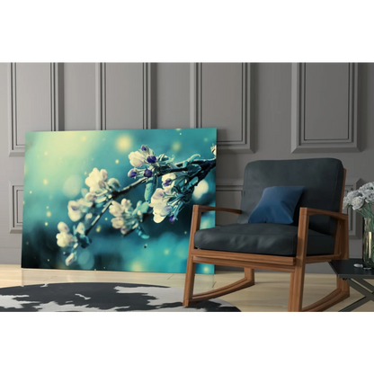 Dreamy blossom canvas wall art with white purple flowers on teal bokeh background