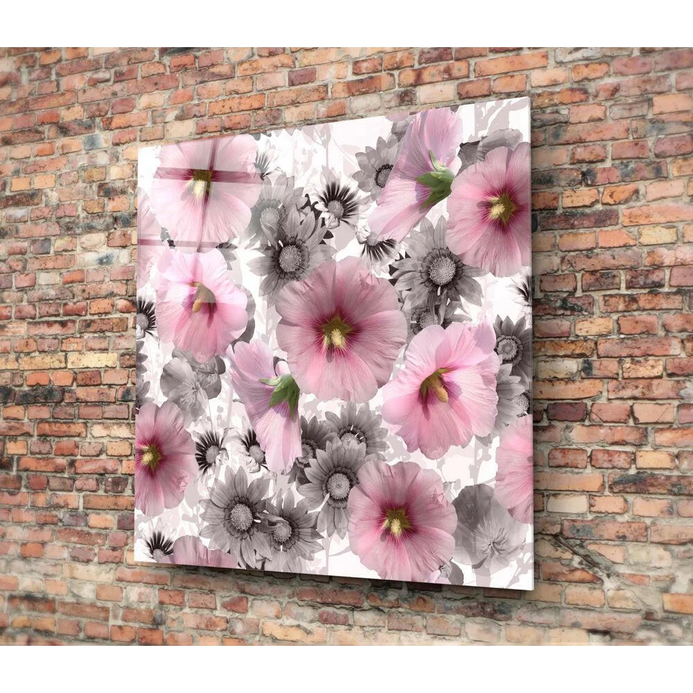 Pink hollyhock glass wall art with gray daisy accents on white background