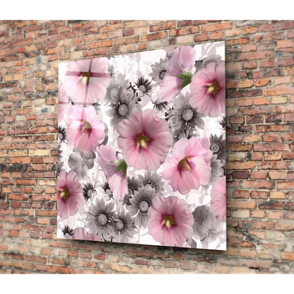 Pink hollyhock glass wall art with gray daisy accents on white background