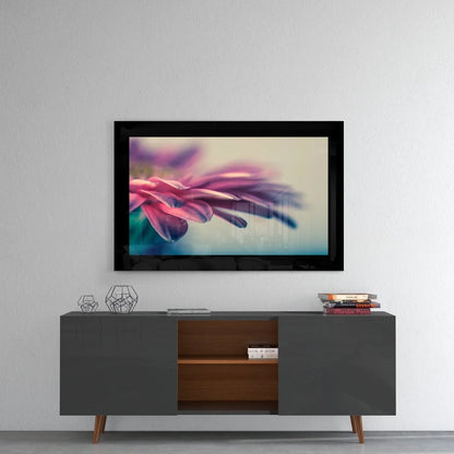Stunning pink purple flower glass wall art in modern black frame
