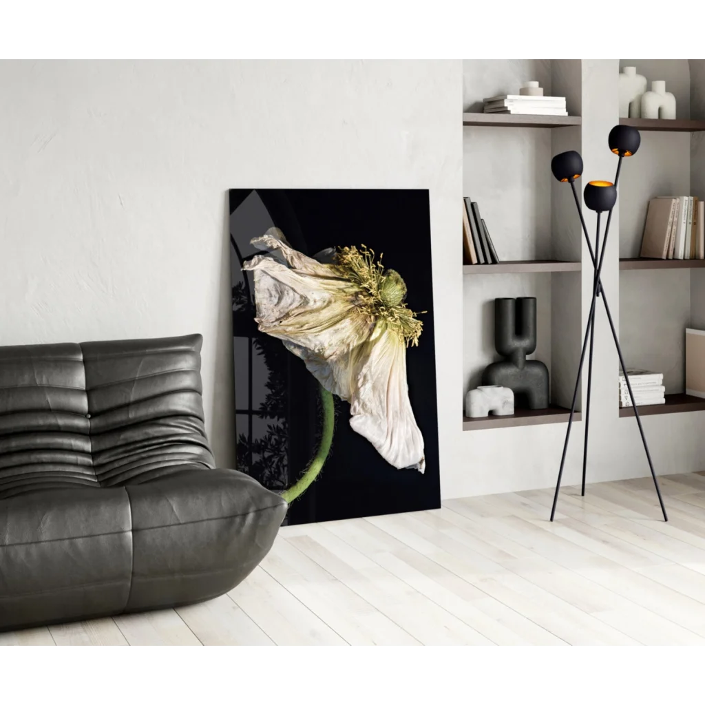 Stunning black-and-white wilting poppy glass wall art on dark background
