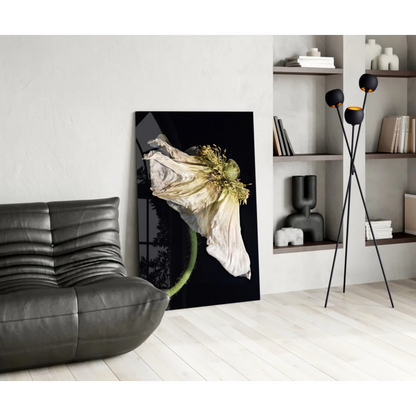 Stunning black-and-white wilting poppy glass wall art on dark background
