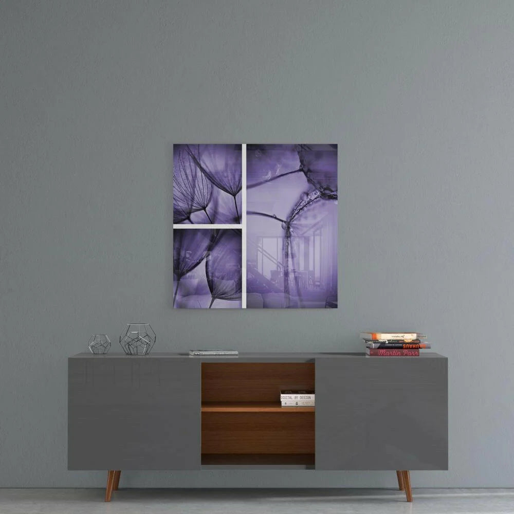 Purple dandelion glass wall art triptych with translucent violet forms
