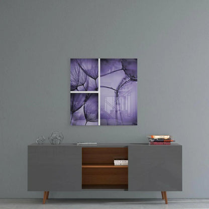 Purple dandelion glass wall art triptych with translucent violet forms