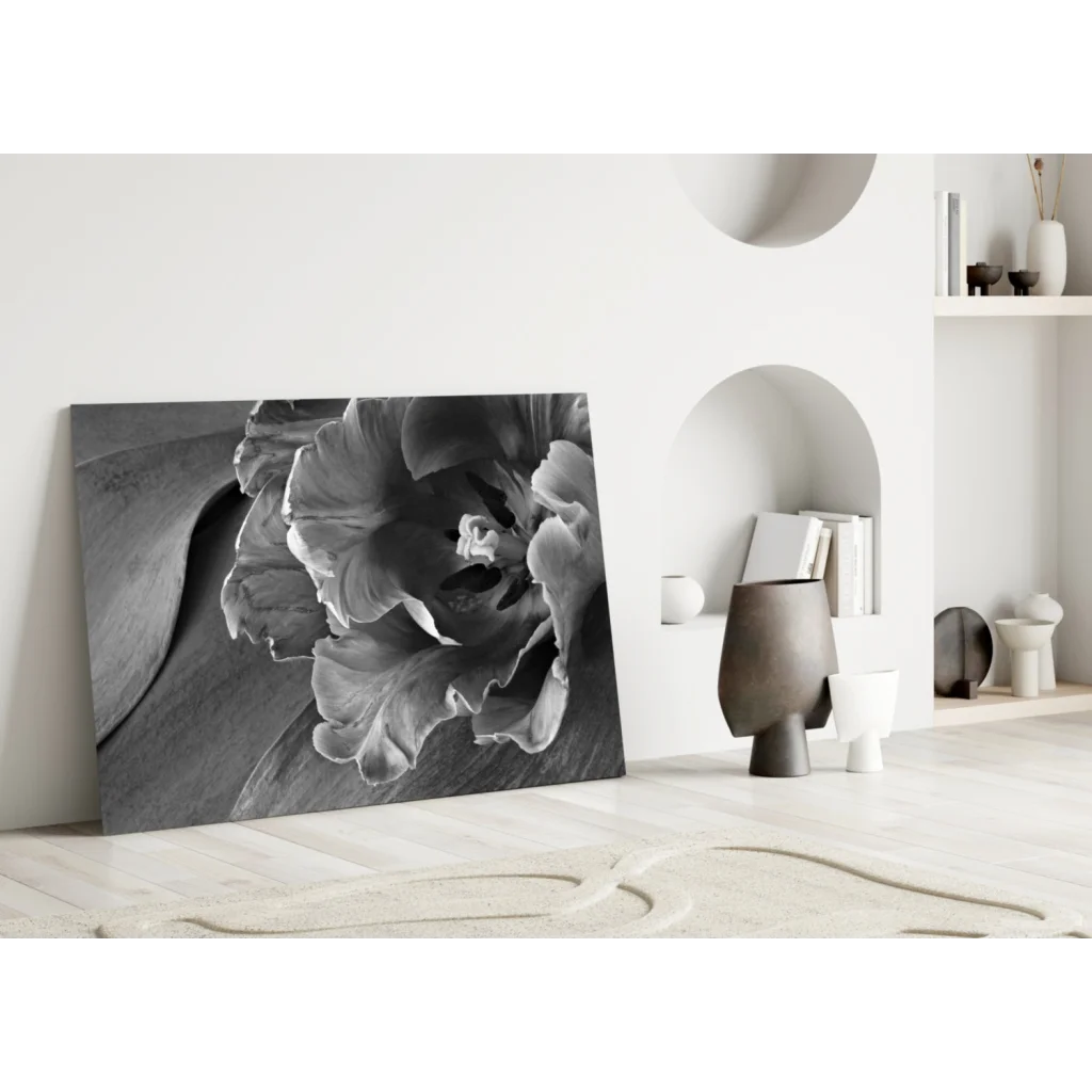 Black-and-white peony on glass wall art canvas print for home